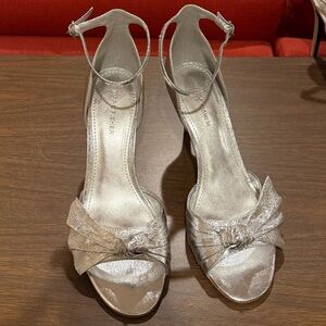 Marc Fisher Silver Open-Toe Ankle-Strap Heels with Knotted Bow